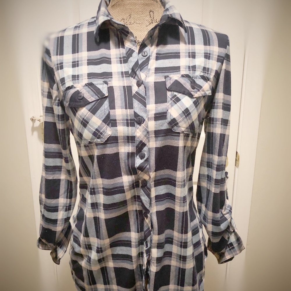 Blue Plaid Button Top